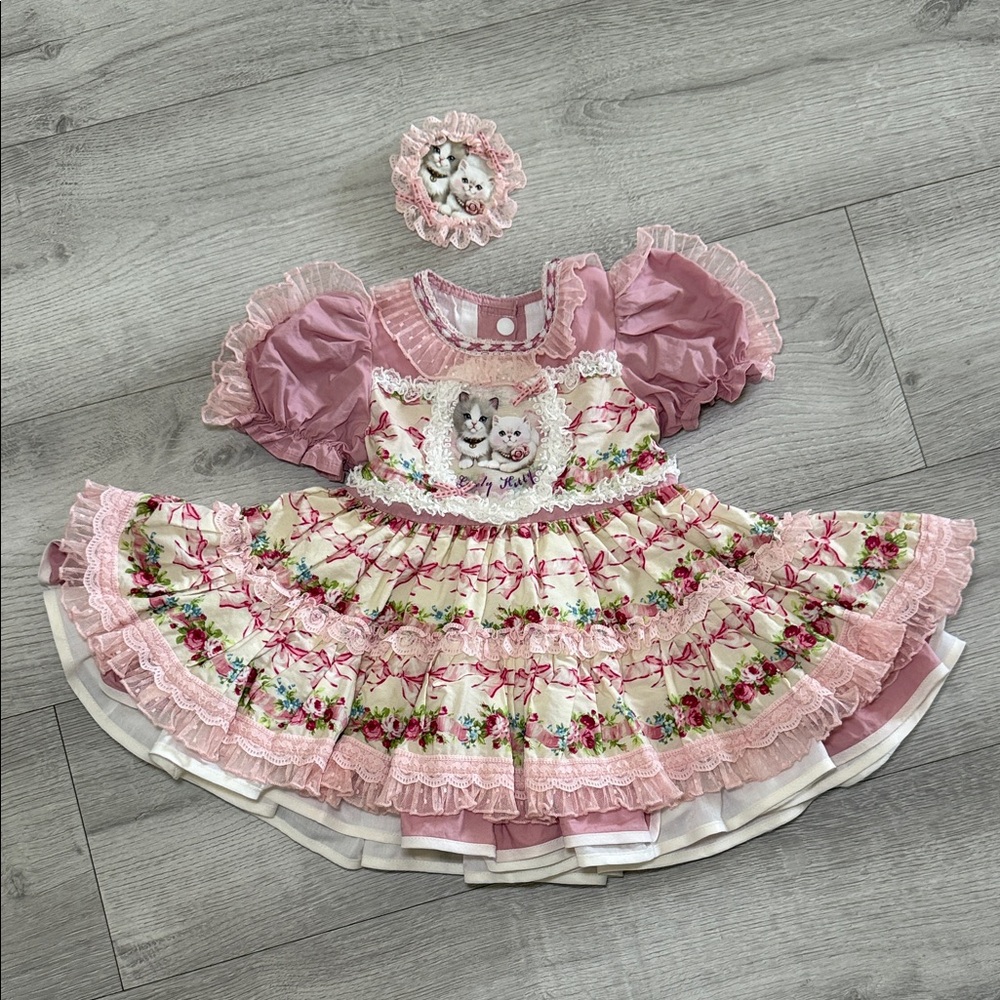 Pink Floral Ruffled Dress with Matching Hair Accessory